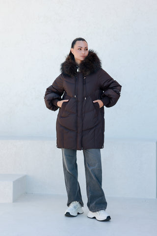 Celeste Genuine Fur Trim Down Fill Coat in Fig