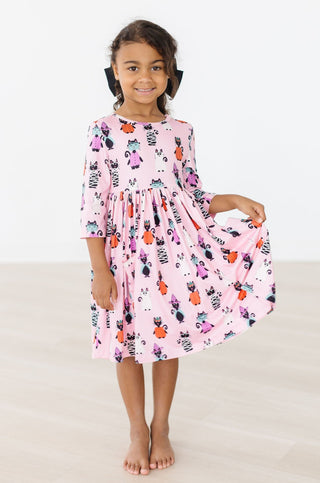Purr-fectly Spooky 3/4 Sleeve Pocket Twirl Dress - By Baano
