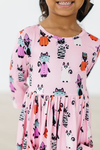 Purr-fectly Spooky 3/4 Sleeve Pocket Twirl Dress - By Baano