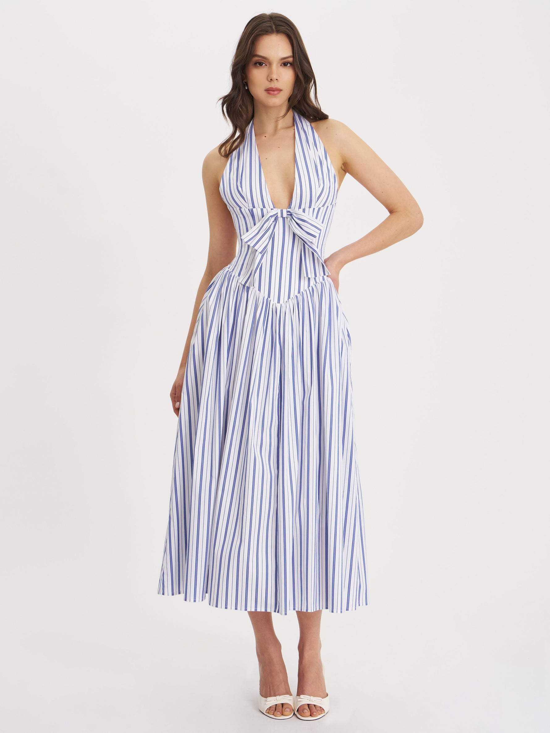 Mackenna Navy Stripe Halter Smock Back Maxi Dress Miss Circle