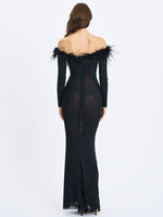 Emberly Black Fur Trimmed Off-Shoulder Rhinestone Mermaid Maxi Dress Miss Circle