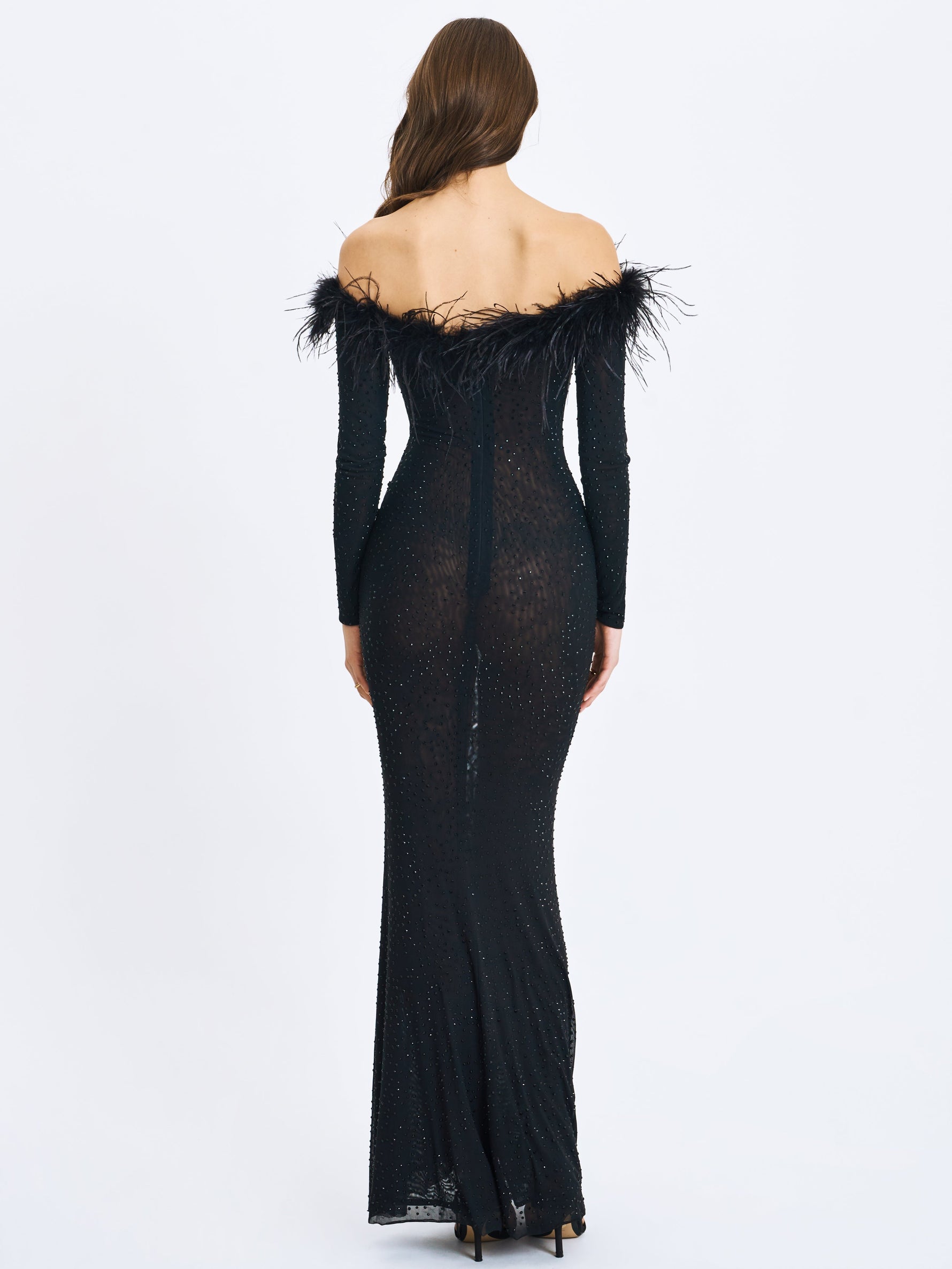 Emberly Black Fur Trimmed Off-Shoulder Rhinestone Mermaid Maxi Dress Miss Circle