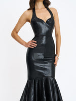 Gardenia Black Leather Midi Sweetheart Halter Flared Dress