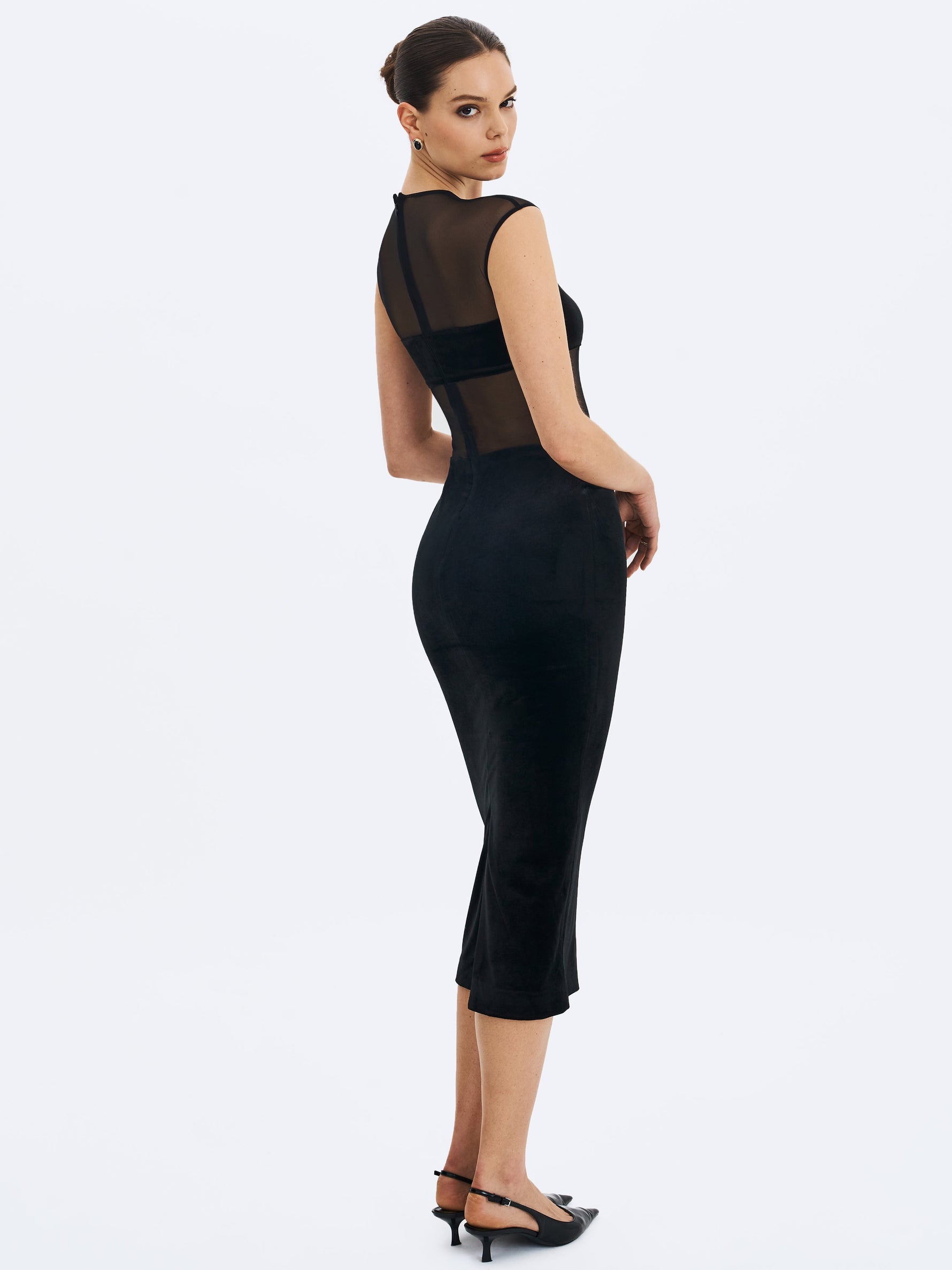 Quielle Black Mesh and Velvet Midi Bodycon Dress Miss Circle