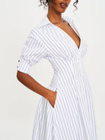 Palina Pinstripes Cotton Poplin Pleated Midi Preppy Shirt Dress Miss Circle