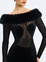 Alexis Black Velvet Animal Print Fur Boatneck Maxi Dress Miss Circle