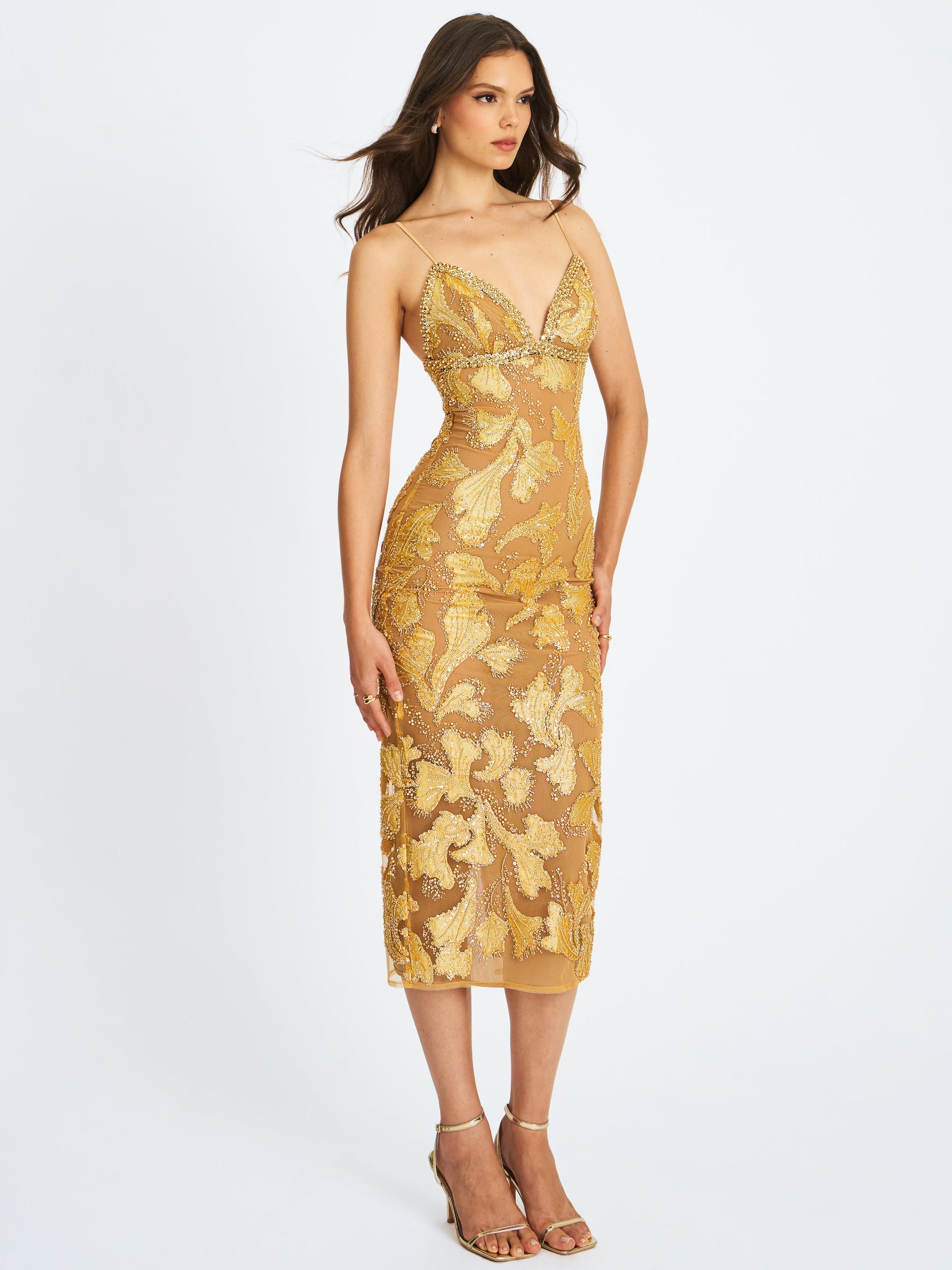 Edie Gold Beaded Sequin Midi Pencil Dress Miss Circle
