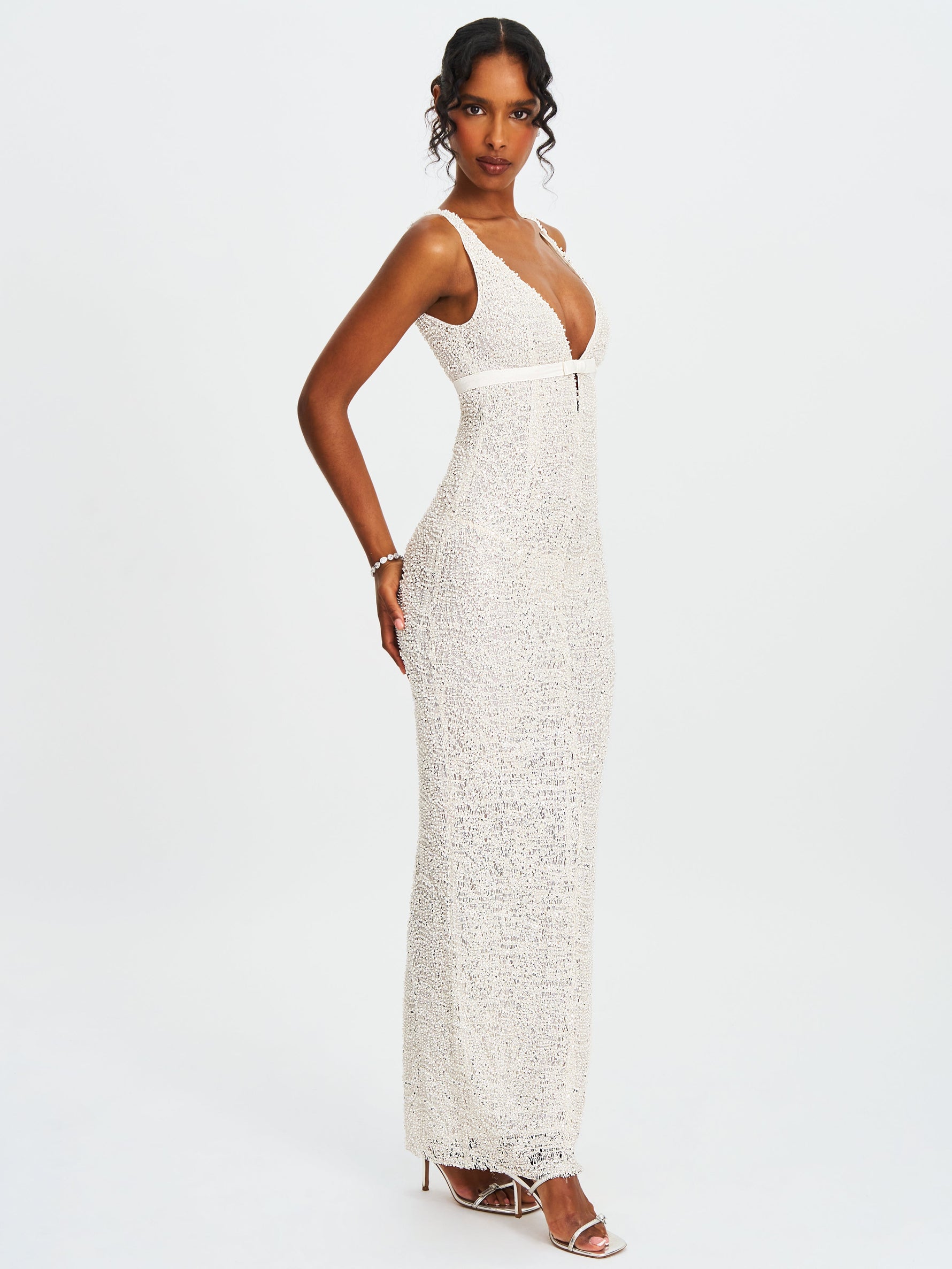Adelaide White Beaded Sequin Net Bodycon Gown Miss Circle