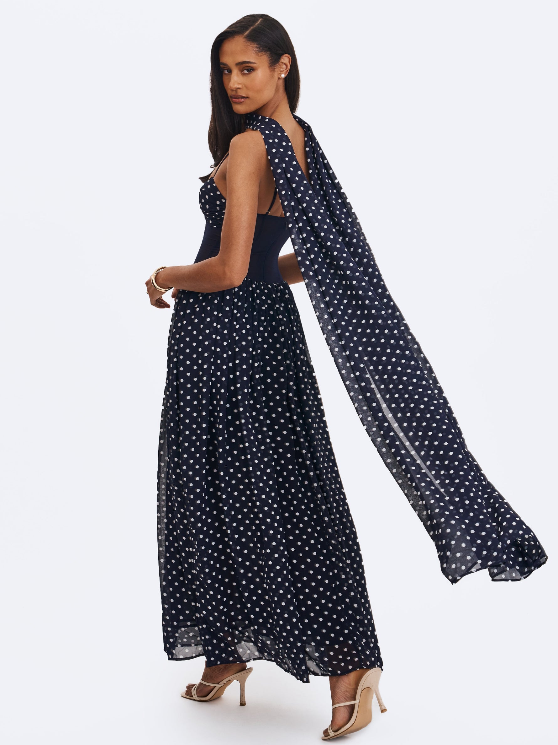 Juliette Navy Blue Polka Dot Chiffon Maxi Dress