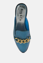 Aksa Chain Embellished Metallic Leather Mules