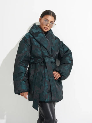 Monochrome Jacquard Down Coat in Vintage Emerald - By Baano