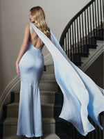 Eira Mist Blue Cowl Scarf-Detail Mermaid Maxi Dress