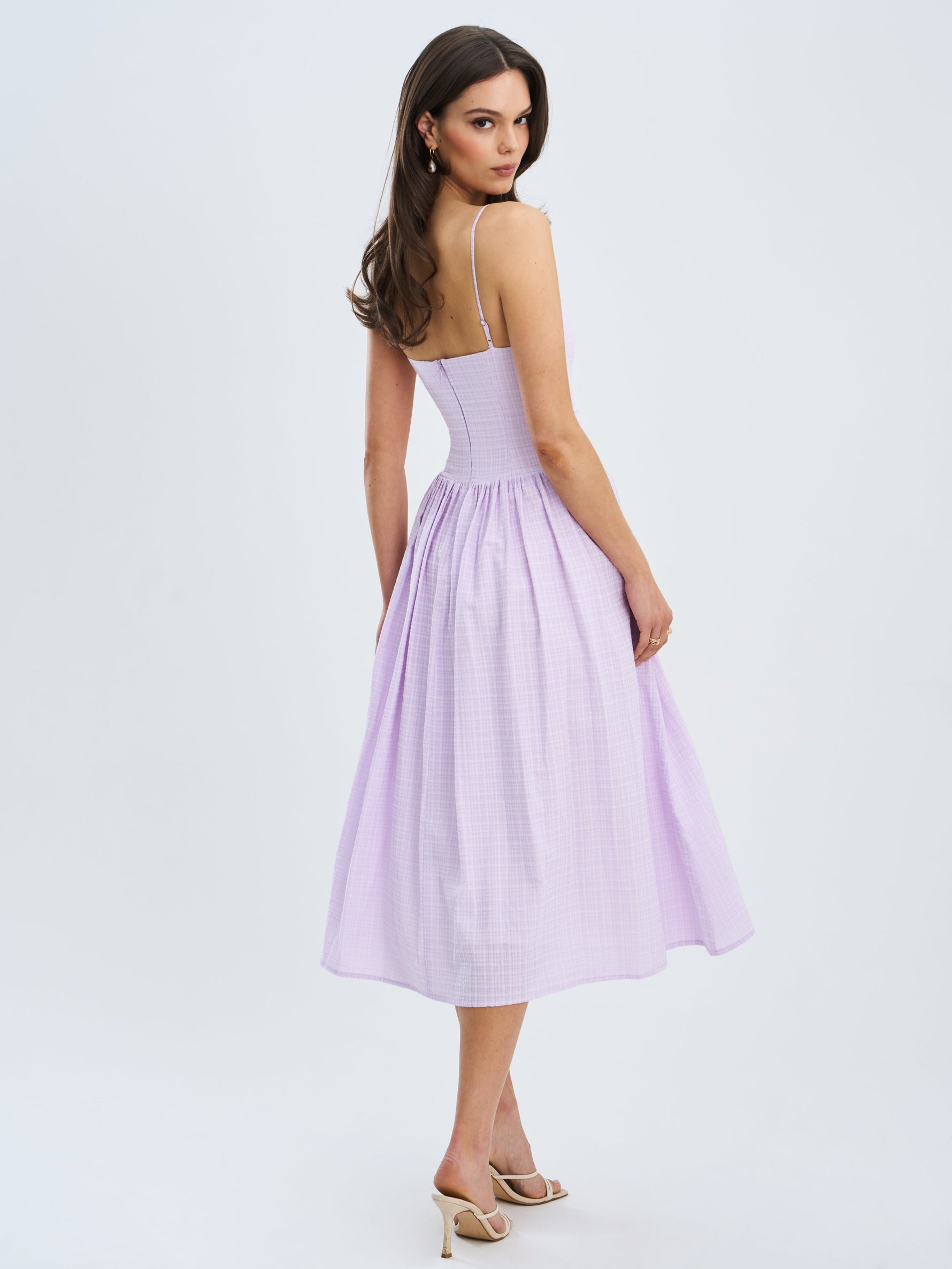 Jaclyn Lavender Lace Trim Cutout Seersucker Midi Dress