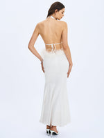 Solene Pleated Halter Backless Feather-Trim Maxi Dress Miss Circle