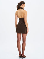 Yael Espresso Vegan Suede Faux Fur Halter Mini Dress Miss Circle