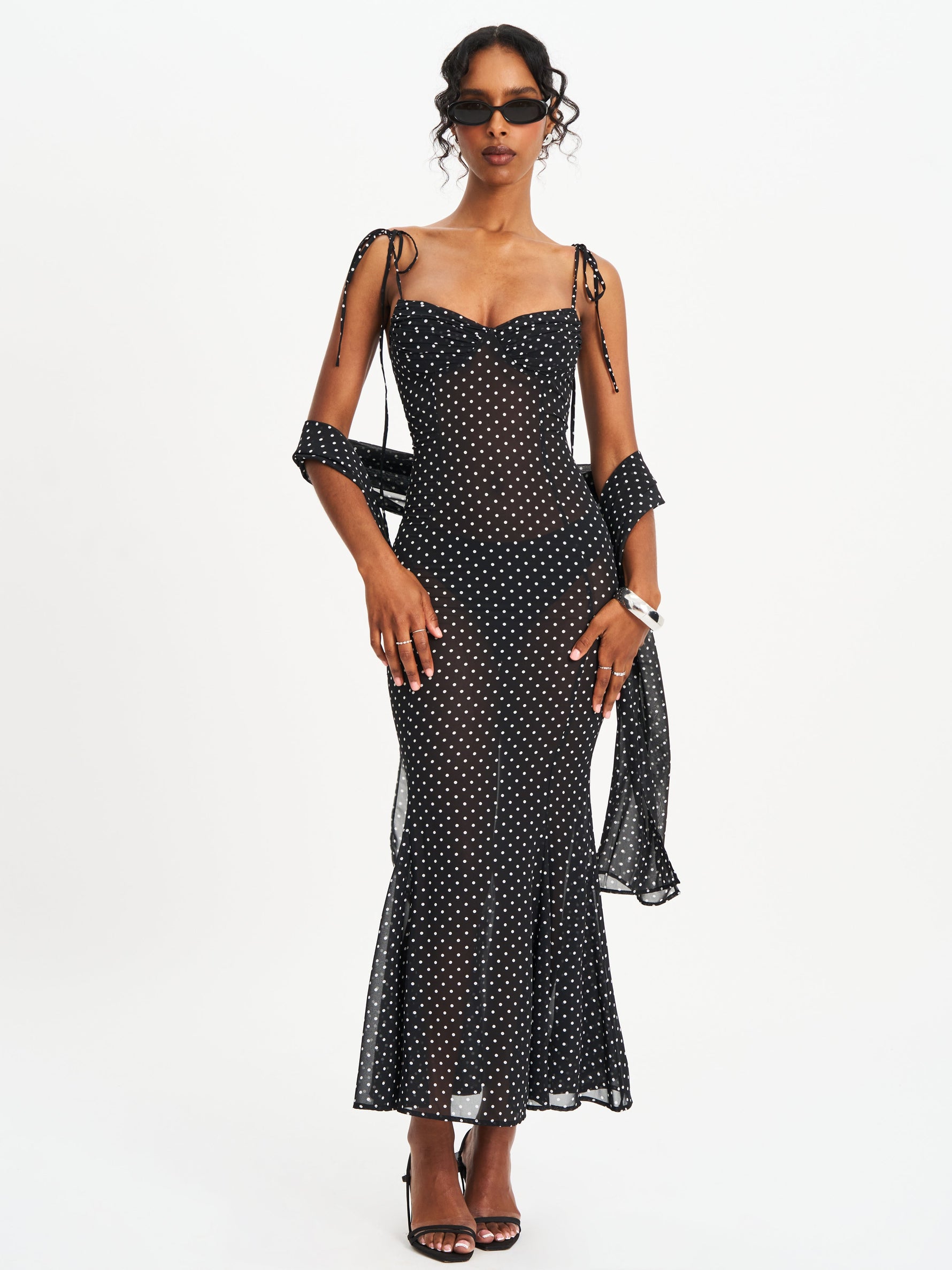 Yadira Black Base Polka Dot Chiffon Maxi Dress Miss Circle