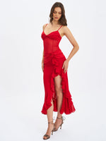 Dahlina Red Ruched Waist High Slit Midi Dress