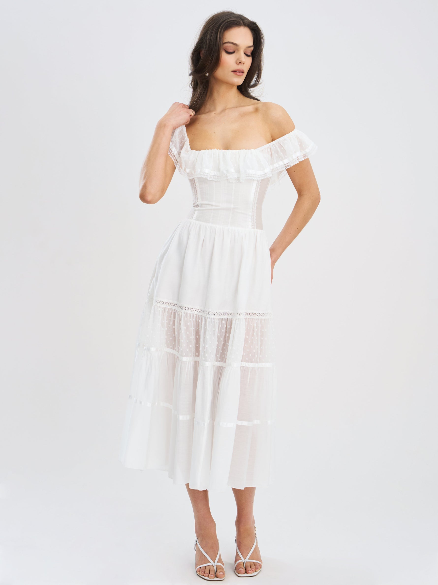 Eden Square Neck Ruffle Trim High Waist Midi Dress