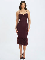 Pluma Maroon Halter Faux-Fur Trimmed Midi Dress Miss Circle