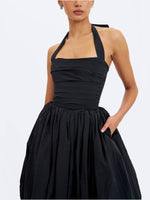 Veradis Black Taffeta Halter Bubble-Hem Midi Dress