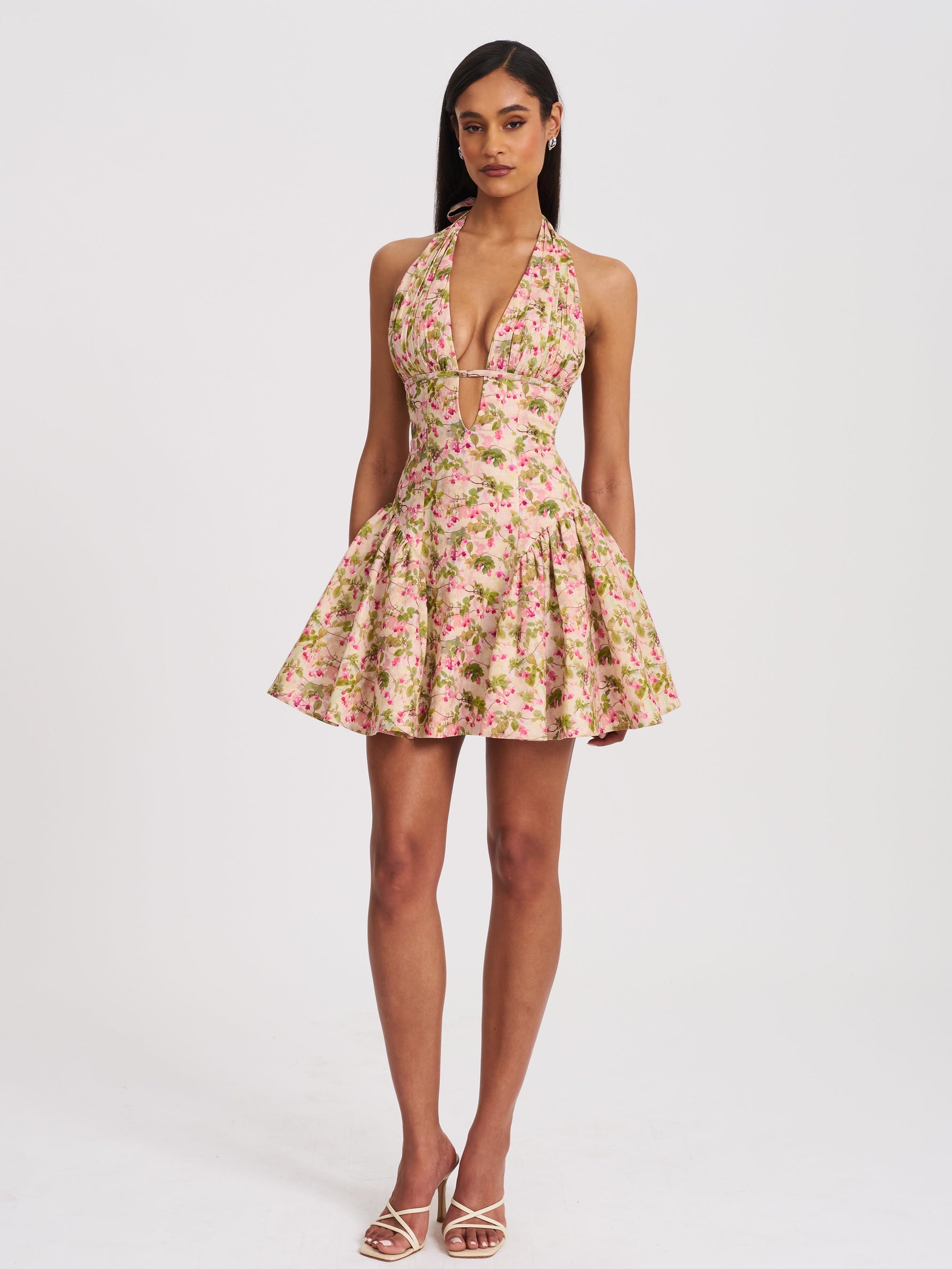 Mackenzie Green and Pink Floral Print Halter Linen Mini Dress Miss Circle