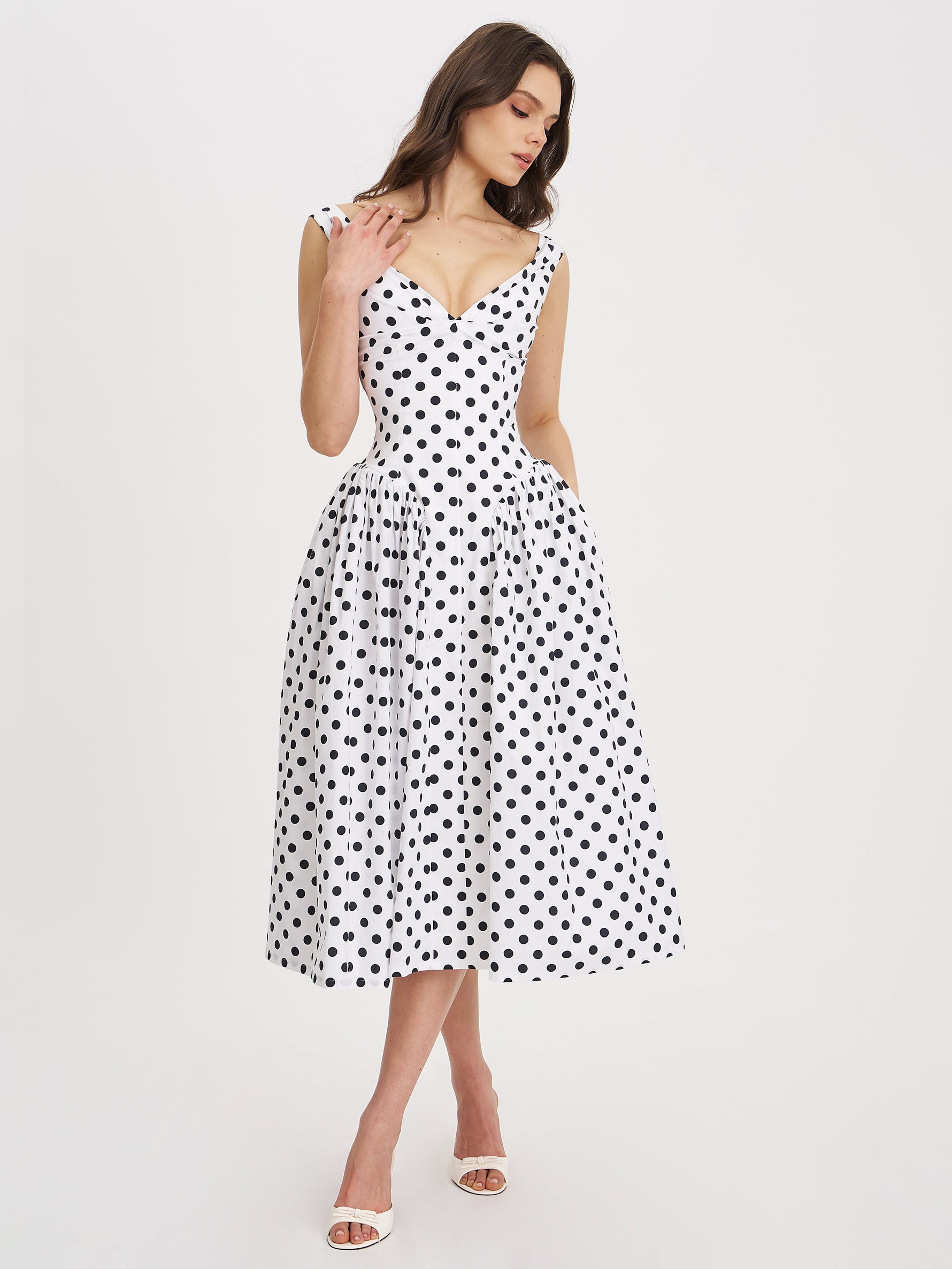 Rahma Polka Dot Drop Waist Midi Cotton Poplin Dress Miss Circle