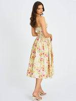 Jacinda Yellow Floral Print Ruched Breast Linen Midi Dress