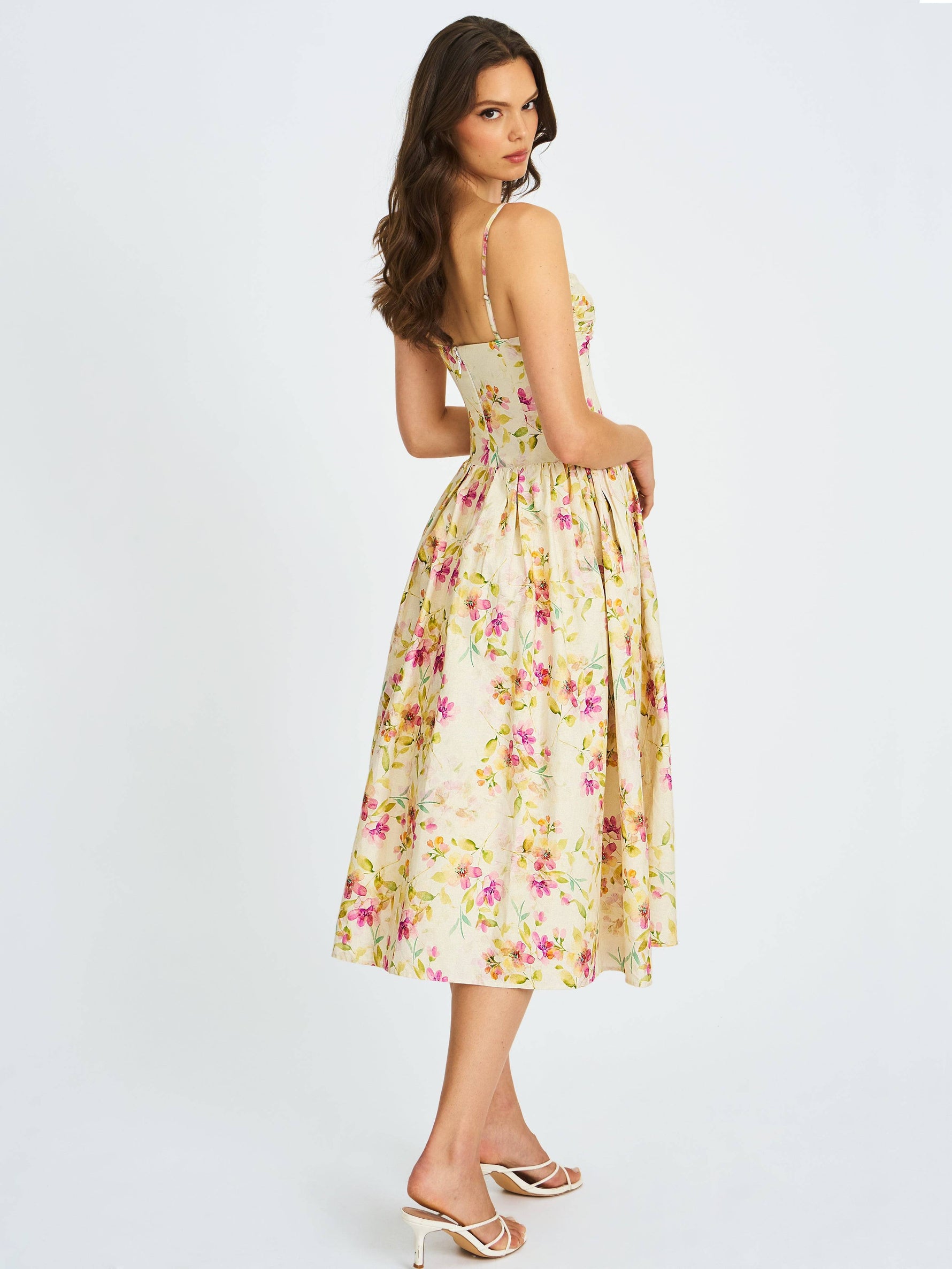 Jacinda Yellow Floral Print Ruched Breast Linen Midi Dress