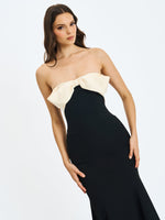 Saige Black Mermaid Midi Dress with Ivory Bow Bustline Miss Circle
