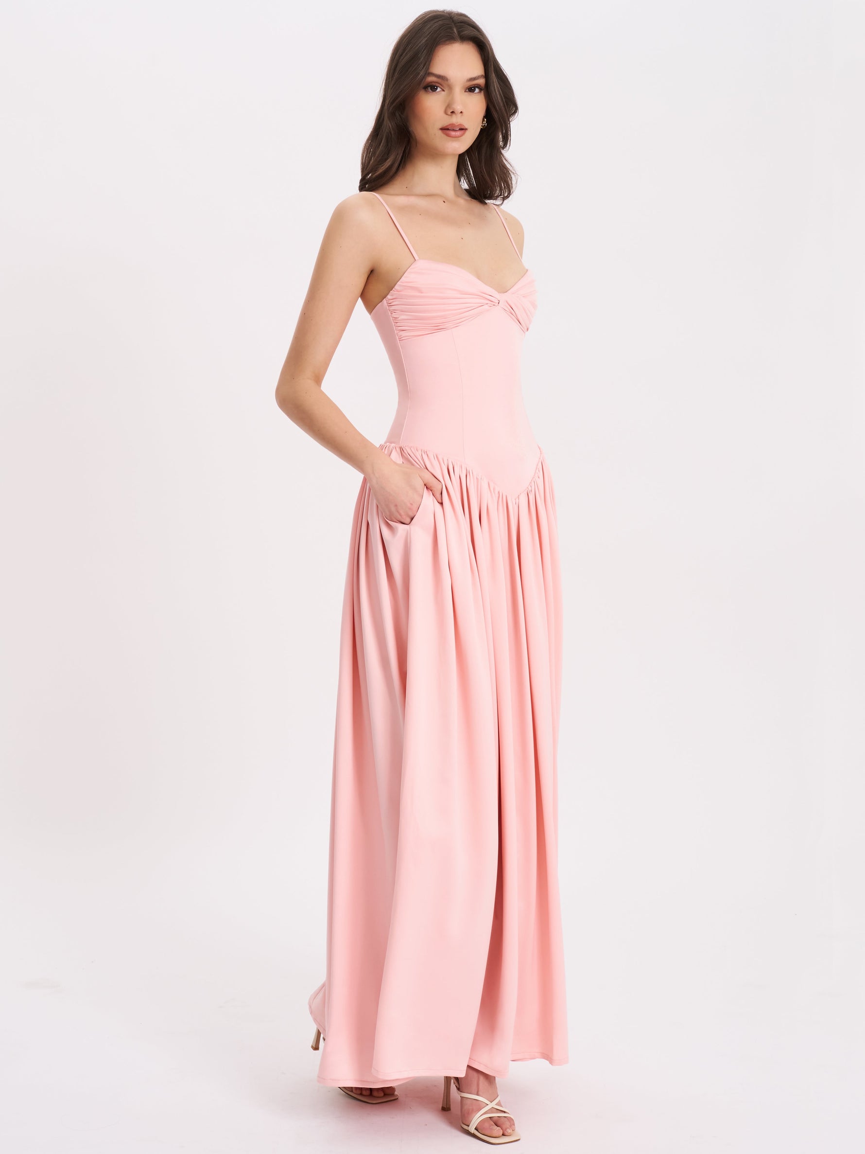 Najwa Baby Pink Ruched Breast Drop Waist Maxi Dress Miss Circle