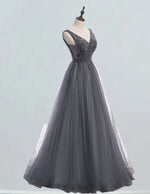 Women's Elegant Gray V-Neck Tulle Prom Dress with Crystal Beading