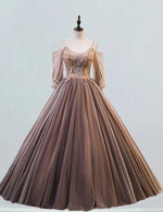 Coffee spaghetti strap tulle prom dress ball gown v neck lace applique beaded long wedding dress gown
