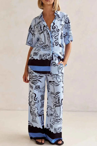 Printed Button Up Shirt and Pants Set Plus Size - By Baano