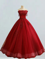 Red off the shoulder lace applique prom dress ball gown crystal beaded rhinestone long tulle evening party gown