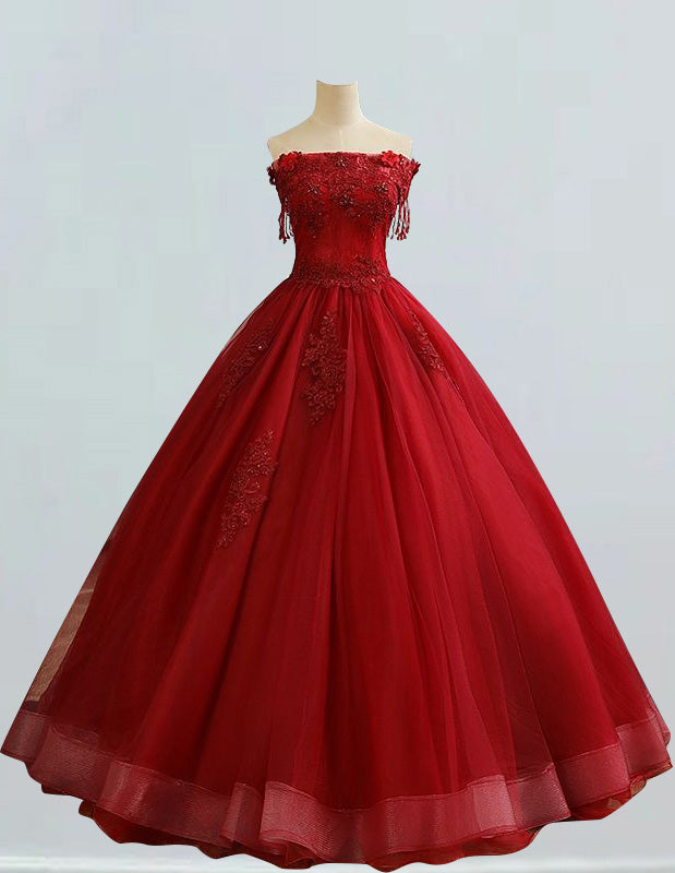 Red off the shoulder lace applique prom dress ball gown crystal beaded rhinestone long tulle evening party gown