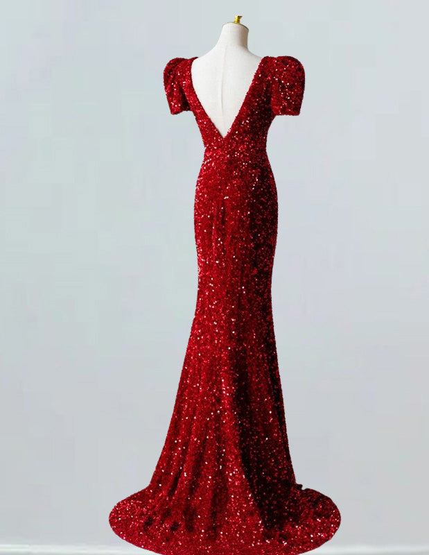 Elegant Burgundy Velvet Sequin Prom Dress | V-Neck Evening Gown with Train