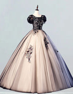 Black scoop lace short sleeve champagne long tulle prom gown