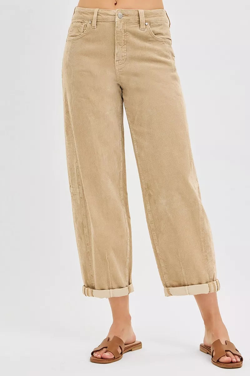 Risen High Rise Crop Barrel Corduroy Pants For Women