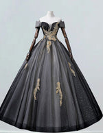 Black off the shoulder princess ball gown gold lace applique wedding gown evening gown