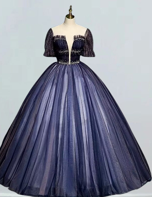 Women's Navy Blue Beaded V-Neck Evening Gown | Prom & Bridesmaid Dress