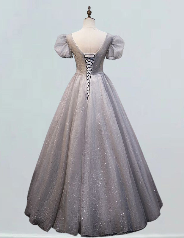 Grey v neck lace applique beading long sparkle ball gown prom dress