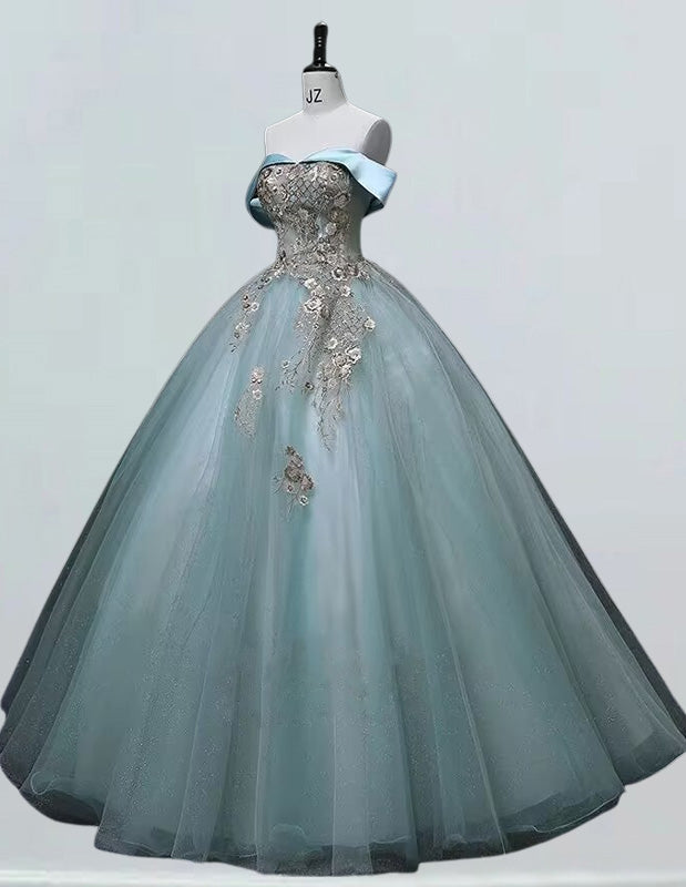 Off-Shoulder Blue Tulle Prom Dress with Gold Lace, Elegant Evening Gown for Girls