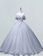 Silver off the shoulder long prom dress ball gown beaded lace fluffy princess party dress long wedding dress