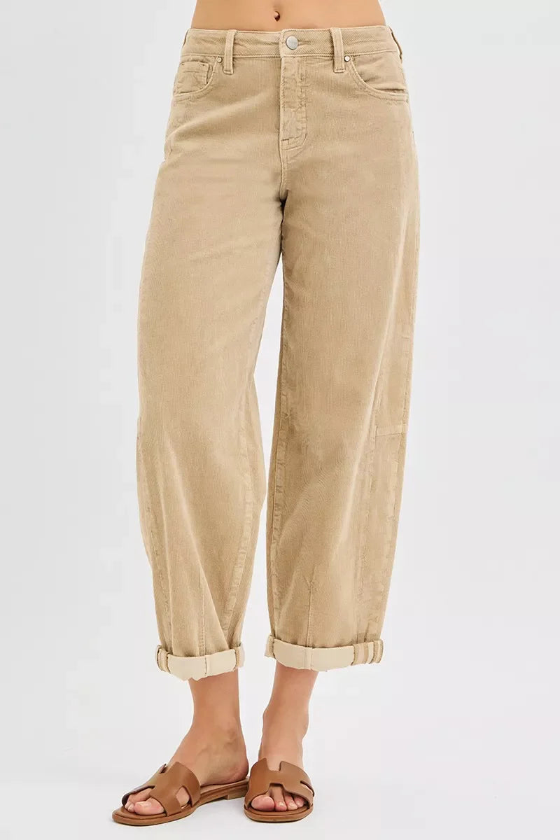 Risen High Rise Crop Barrel Corduroy Pants For Women