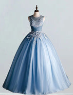 Women's Elegant Blue Beaded Lace Prom Gown with Sleeves | Scoop Neck Evening Dress