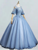 Girls' Elegant Blue Tulle Quinceanera Dress | Lace Applique Sleeves Ball Gown
