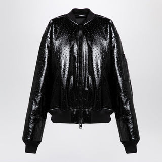 Black Leather Ostrich-effect Bomber Jacket - By Baano