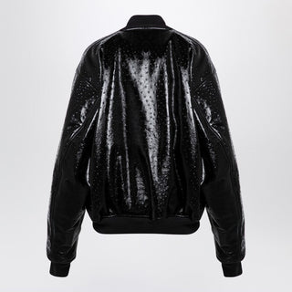 Black Leather Ostrich-effect Bomber Jacket - By Baano