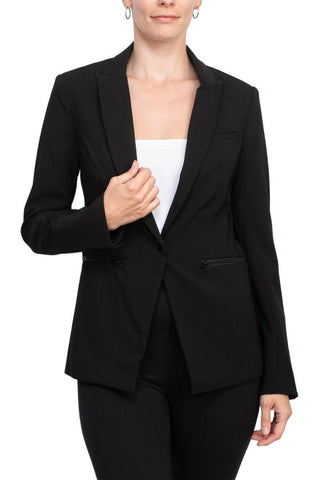 Truth lapel collar one button closure long sleeve woven blazer with zipper pocket - By Baano