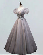 Grey v neck lace applique beading long sparkle ball gown prom dress